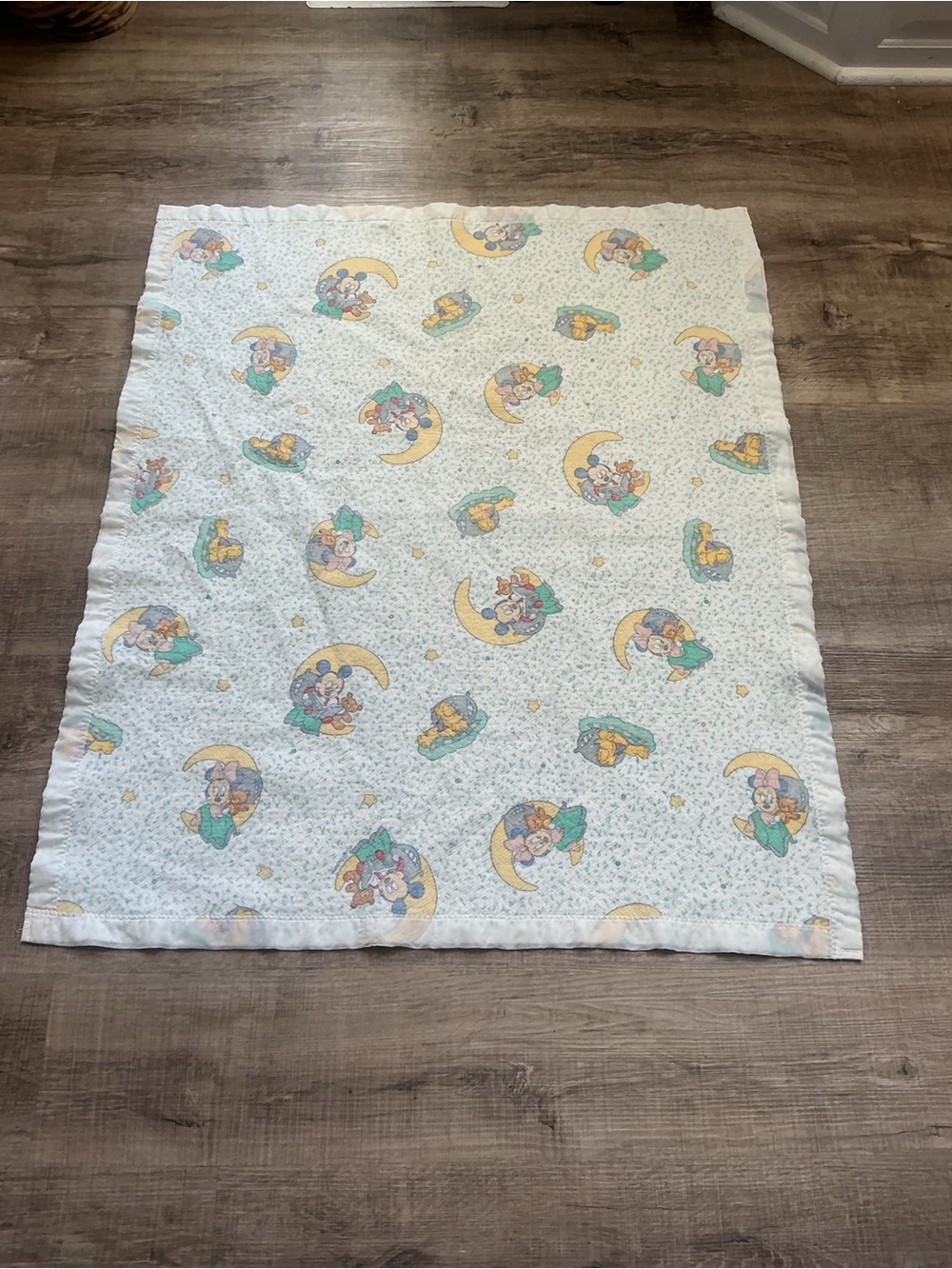 Vintage Disney Mickey Mouse Minnie Moon Blue Baby Blanket Satin Trim Dundee